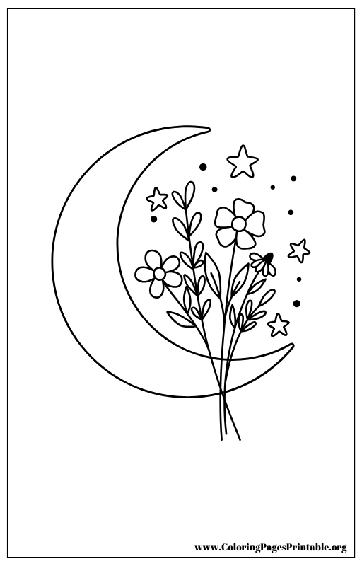 Moon and flowers with stars coloring page