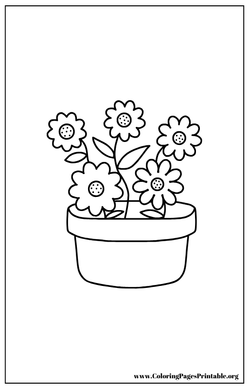 Potted flowers coloring page with three blossoms