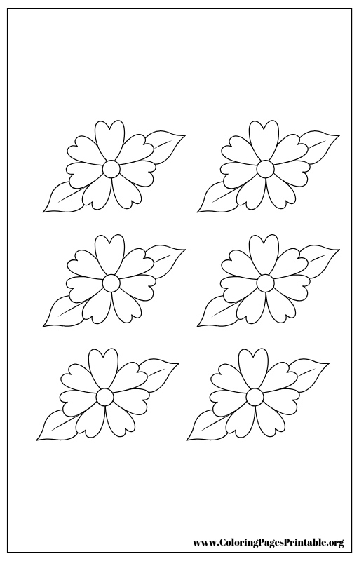 Six floral patterns with heart-shaped petals and leaves, arranged in two rows