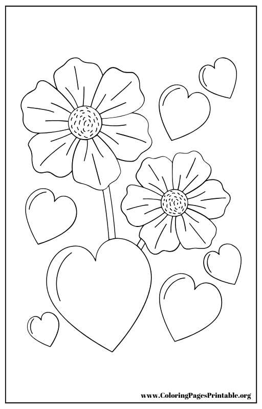 Flowers with hearts coloring page