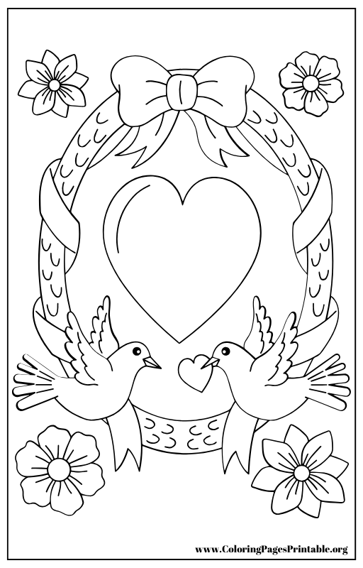 Heart-shaped frame with doves and floral elements coloring page.