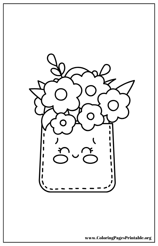 Smiling flower pot with a cute face and blooming flowers coloring page.