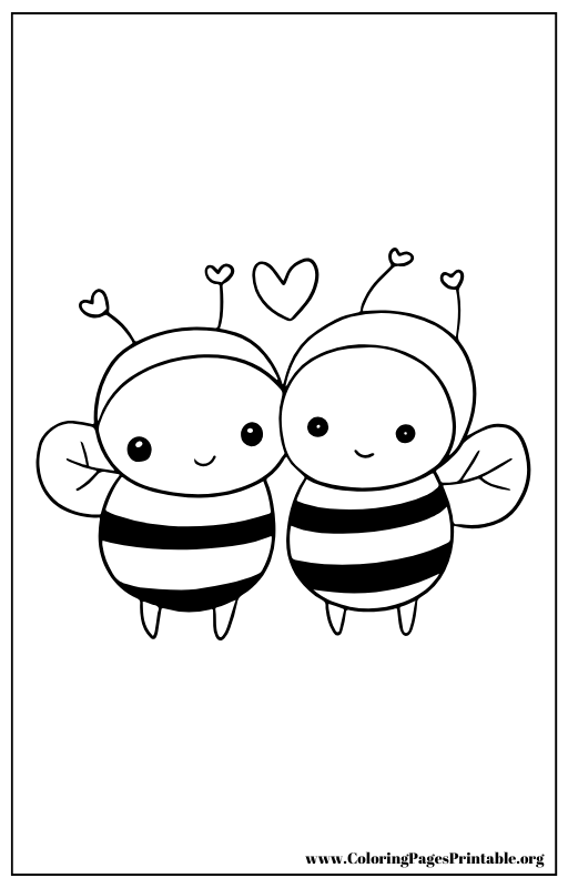 Two bees with hearts above their heads coloring page.