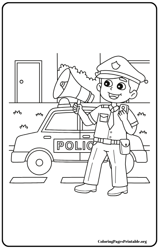 Cartoon-style police car with smiling officer coloring page.