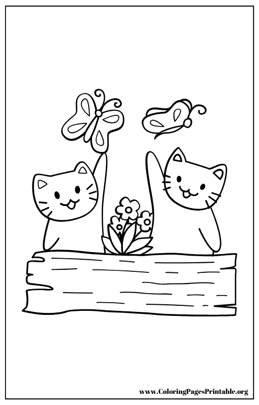 Two cats sitting on a fence with flowers coloring page.