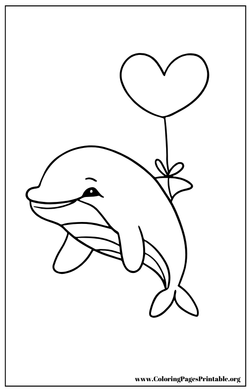 Dolphin holding a heart-shaped balloon coloring page.