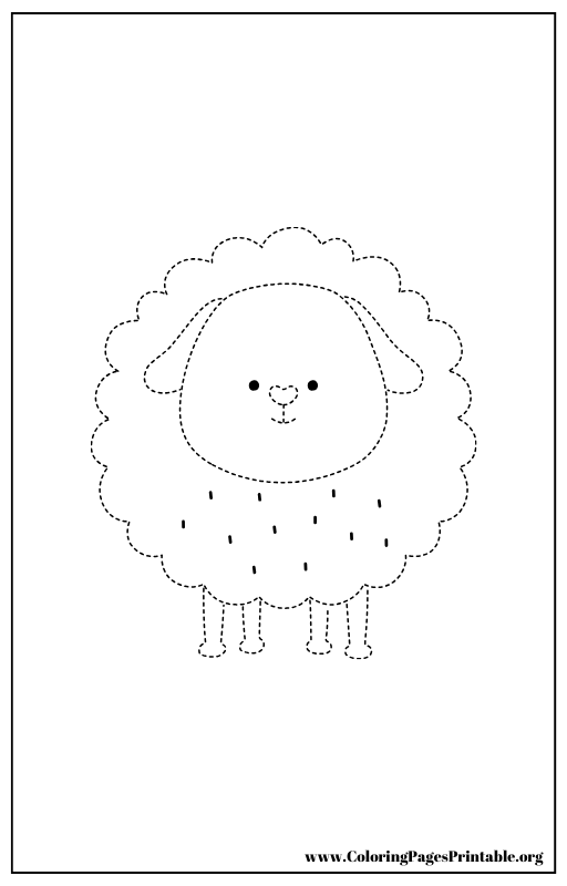 Fluffy sheep with dotted lines coloring page.