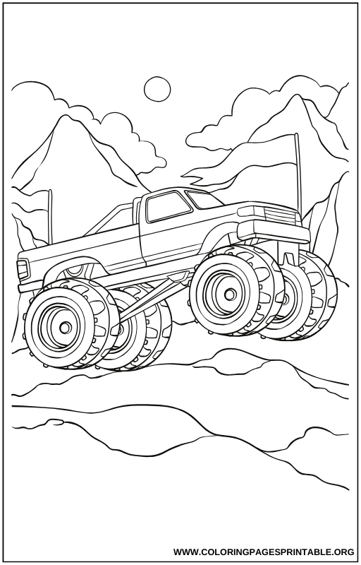 Large dump truck navigating rough terrain coloring page.