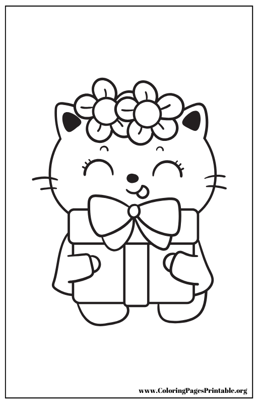 Cat holding a gift box with a flower headband coloring page.