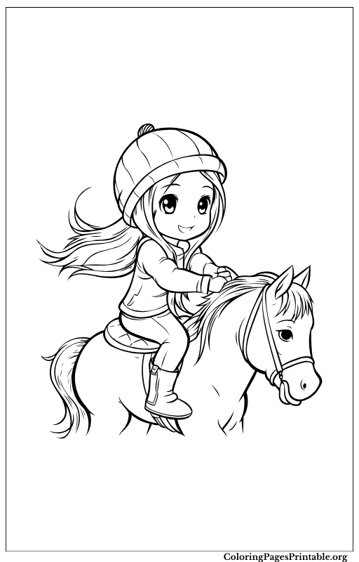 Girl riding a pony, detailed with reins and a saddle.