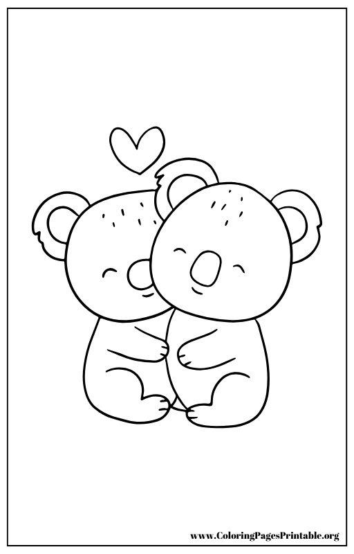 Two koalas hugging each other with a heart above coloring page.