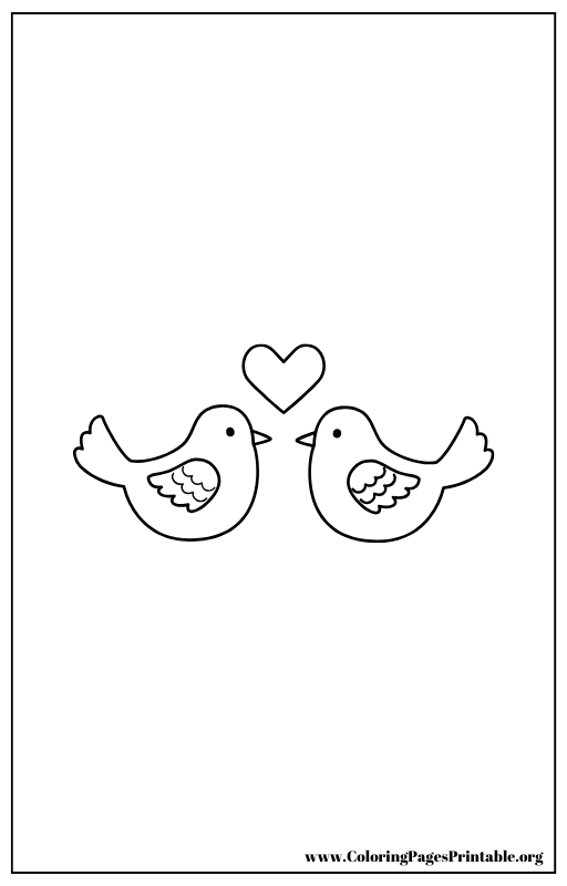 Two birds facing each other with a heart between them coloring page.