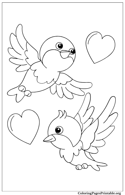 Two lovebirds perched on a branch with hearts.