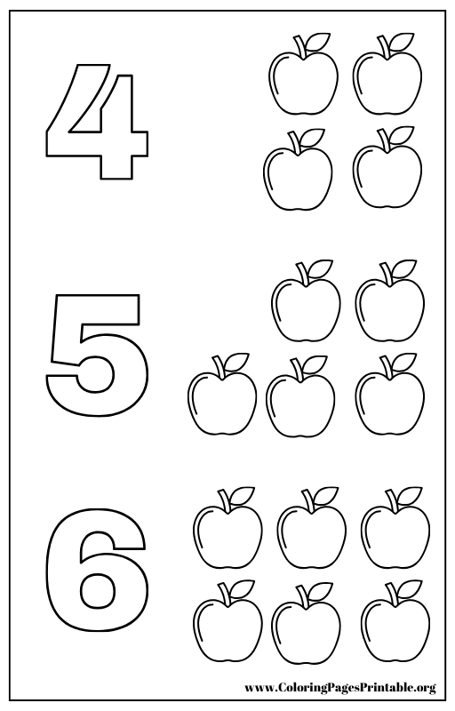 Numbers 4 to 6 with apples coloring page.