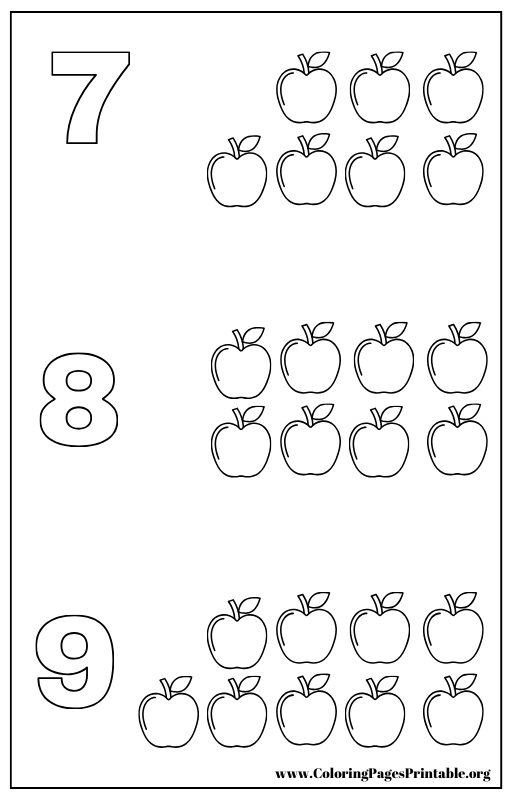 Numbers 7 to 9 with apples coloring page.