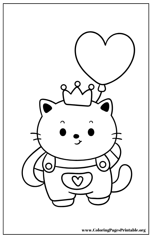 Cat with a crown holding a heart-shaped balloon coloring page.