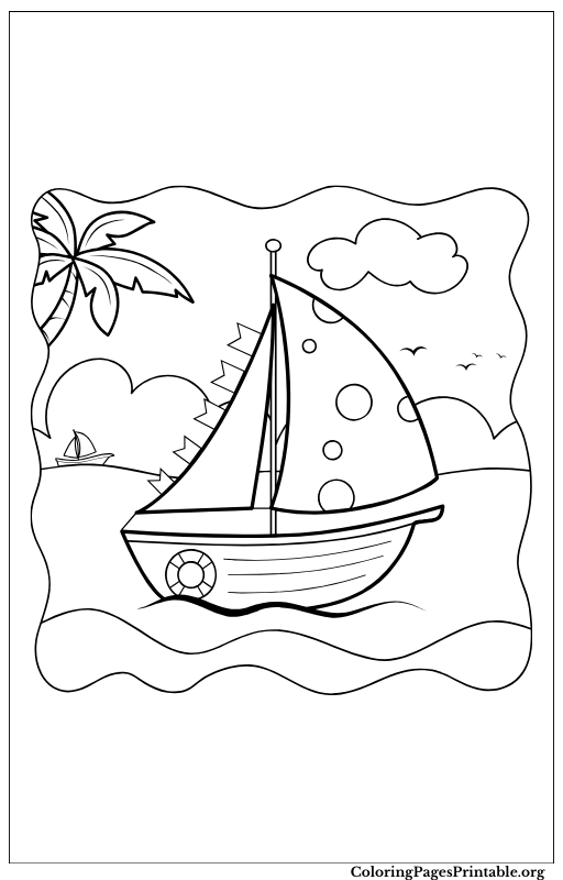 Sailboat on the sea with simple lines and waves.