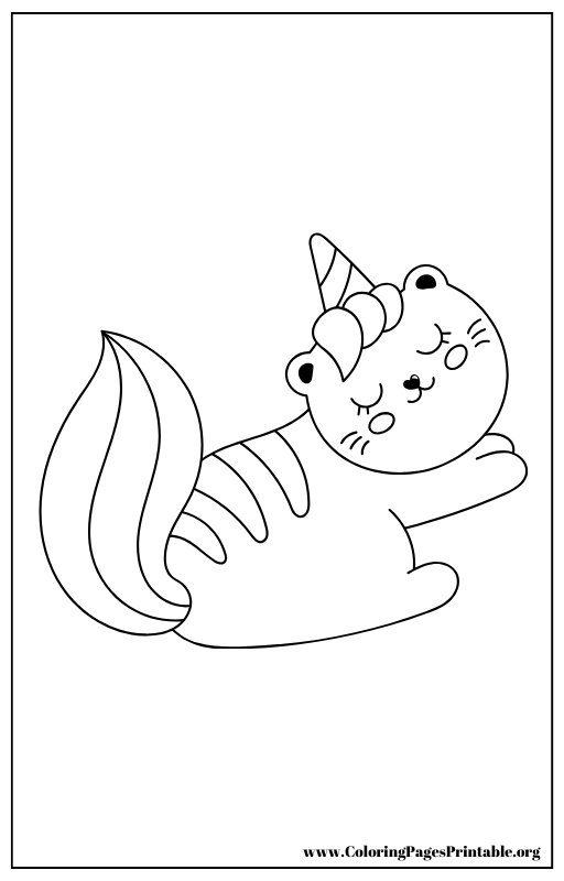 Unicorn cat lying down with eyes closed coloring page.