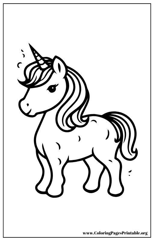 Unicorn standing with a flowing mane coloring page.