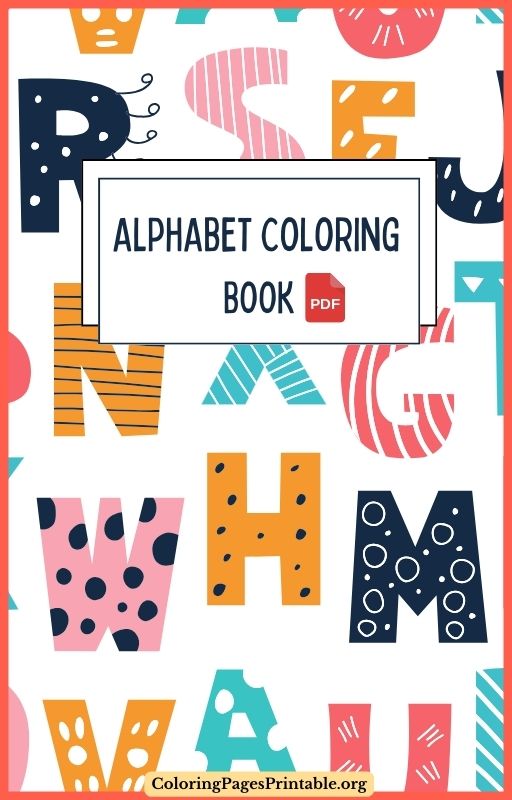 Colorful cover of the Alphabet Coloring Book with letters A to Z in artistic styles.