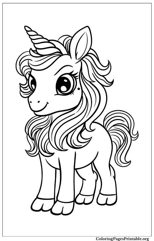 A cute unicorn with a curly mane and smiling face.