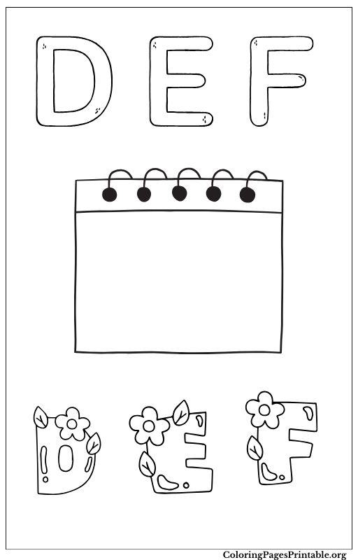 Coloring page for letters D, E, and F with a floral design of the  letters D, E, and F