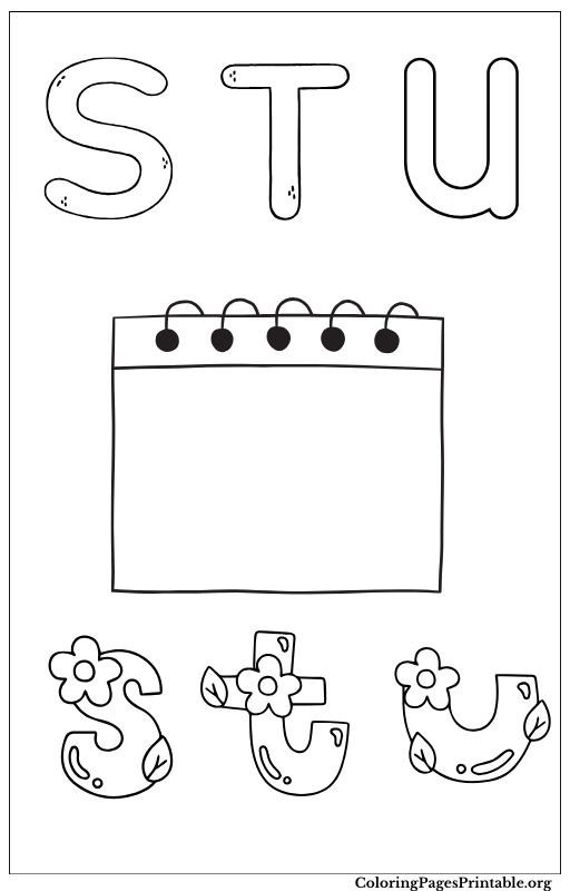 Coloring page for letters S, T, and U with images of the letters