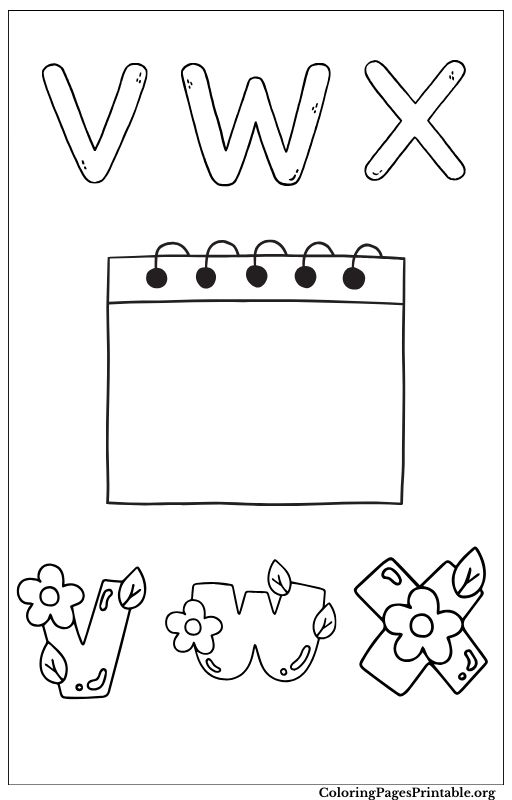 Coloring page for letters V, W, and X with a fun design of the letters.