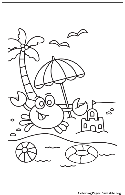 Simple beach day coloring page with umbrella and sandcastle.