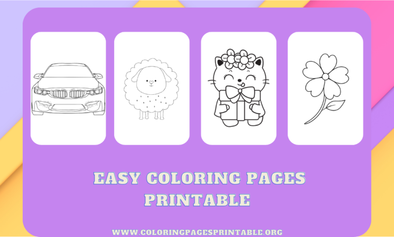 A variety of easy coloring pages featuring cute animals, cars, flowers, and more.