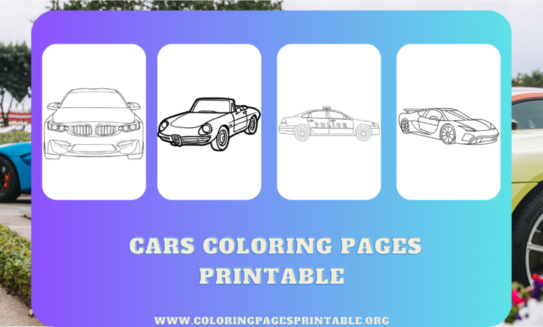 A selection of car coloring pages featuring sports cars, old cars, and police cars.