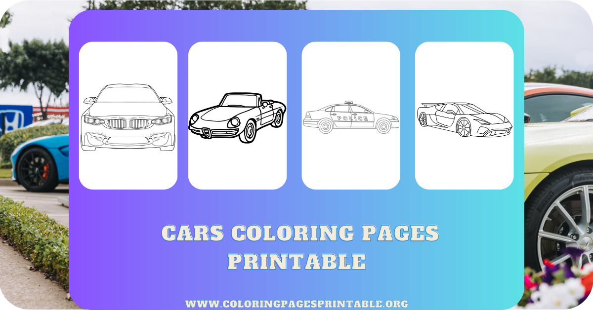 A selection of car coloring pages featuring sports cars, old cars, and police cars.