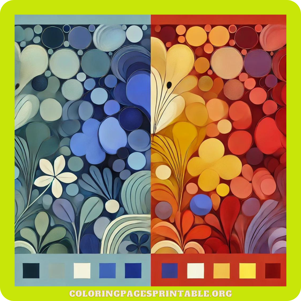 A side-by-side comparison of a coloring page using cool, calming colors vs. bold, energetic colors.