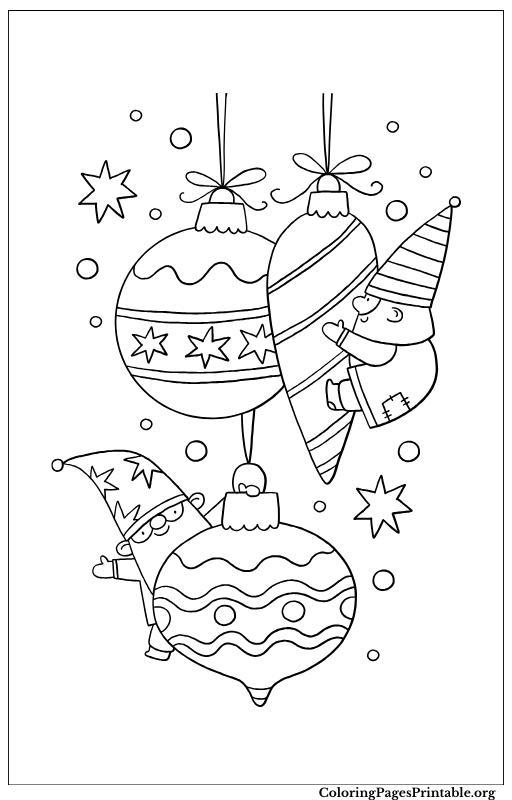 Christmas ornaments hanging from strings, with festive baubles and stars ready to be colored.