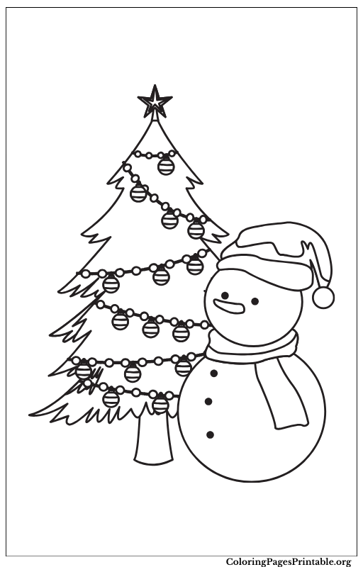 A simple Christmas coloring page featuring a decorated Christmas tree with a snowman standing beside it.