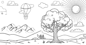 Scenic landscape with a tree, mountains, hot air balloon, and sun, representing the creative coloring fun at Coloring Pages Printable.