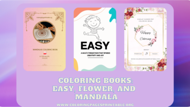 A variety of coloring books including easy coloring pages, flower designs, and intricate mandalas.