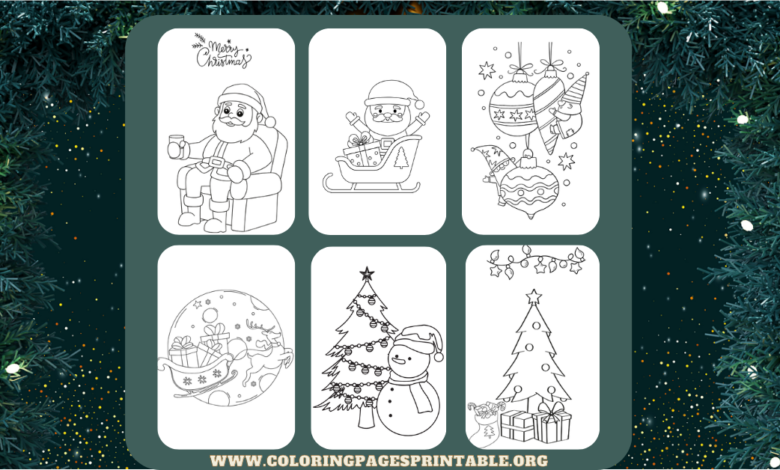 A festive collection of Xmas coloring pages featuring Christmas trees, snowmen, Santa, and holiday decorations.