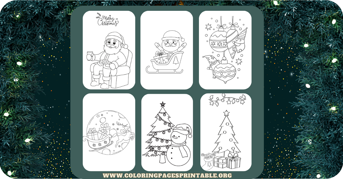 A festive collection of Xmas coloring pages featuring Christmas trees, snowmen, Santa, and holiday decorations.