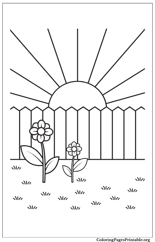 Simple garden scene with sunrise coloring page.