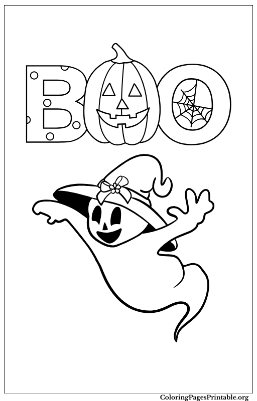 A spooky ghost flying with the word "Boo" spelled out in letters with Halloween decorations.