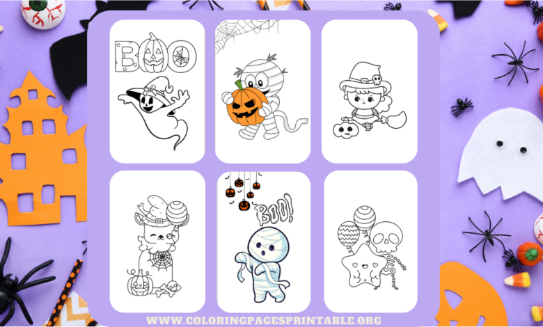 A collection of Halloween-themed coloring pages featuring pumpkins, witches, ghosts, and spooky designs for kids and adults.