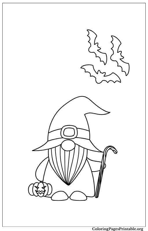 A wizard gnome with a pointed hat sitting next to a pumpkin.