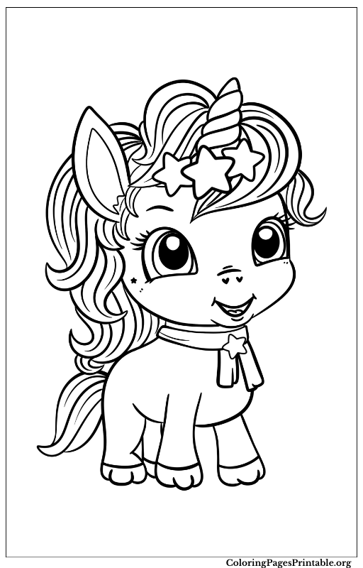 A small unicorn with a star on its head and a big, playful grin.