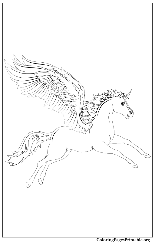 A flying unicorn with wings extended, soaring through the sky.