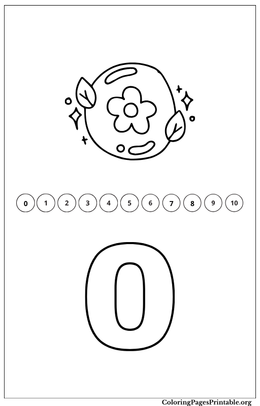 Coloring page for the number 0, accompanied by a playful illustration floral number