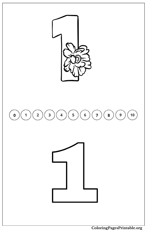 Coloring page for the number 1, with a simple floral illustration of number 1.