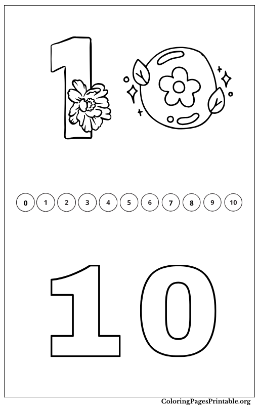 Coloring page featuring the number 10 with playful images floral design of the number 10.