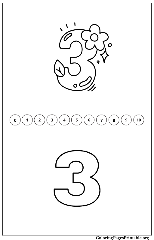 Coloring page for the number 3, with playful illustrations of number 3.