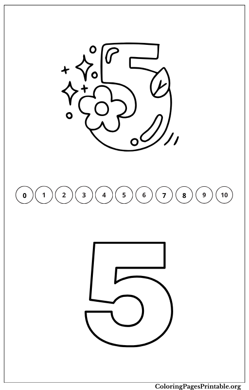 Coloring page for the number 5, featuring playful illustrations of the Number 5.